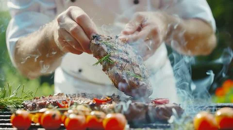 The chef is grilling steaks on the grill. Stock Photos