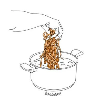 A chef hand is put in to boil orange pumpkins noodle in a pot. Healthy vegies fo Illustrazione stock