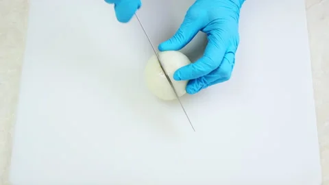 Chef hands in blue gloves slice half onion closeup Stock Footage 205160210