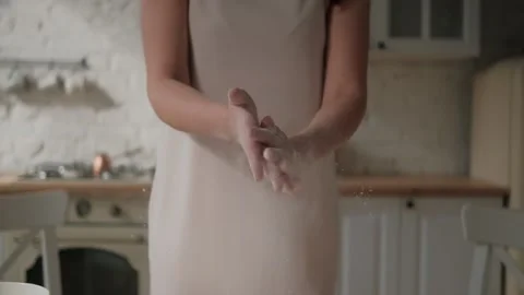 Chef hands clapping hands with flour in super slow motion. Woman cooking pastry 스톡 동영상 254856364