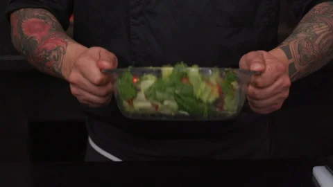 Chef hands cooking salad dish seasoning tasty soup healthy meal crunchy Stock Footage 103291011