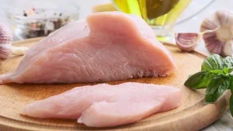 Chef hands cut raw turkey fillet with big knife Stock Footage 120806880