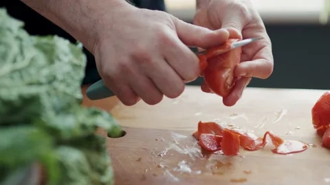 Chef Hands Cutting and Chopping Fresh Tomatoes for Healthy Salad Stock Footage 347129046