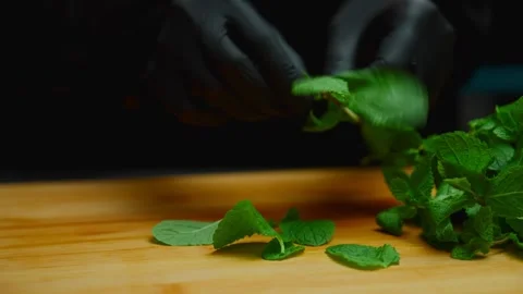 Chef hands processing fresh mint leaves on a wooden board Stock Footage 319745168