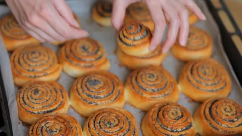 Chef hands show hot fresh roll buns with poppy in the bakery. Close-up. Video stock 101139811