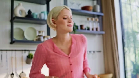 Chef hands slicing salad kitchen closeup. Dancing lady enjoying cooking process Stock Footage 335103315