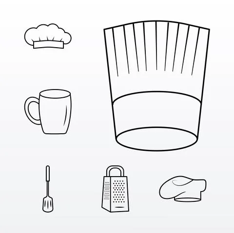 Chef hat and bundle of kitchen utensils set Stock Illustration