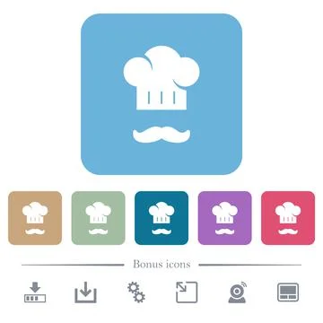 Chef hat and mustache flat icons on color rounded square backgrounds Stock Illustration