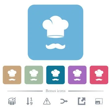 Chef hat and mustache flat icons on color rounded square backgrounds Stock Illustration