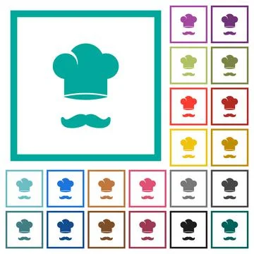 Chef hat and mustache flat color icons with quadrant frames Stockillustratie