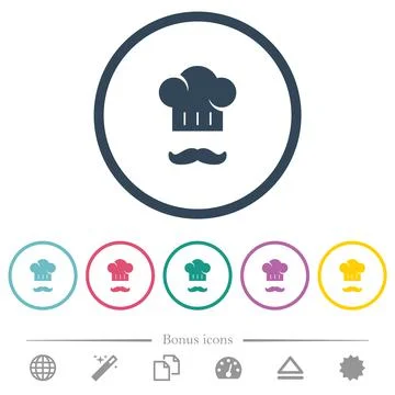 Chef hat and mustache flat color icons in round outlines Stock Illustration