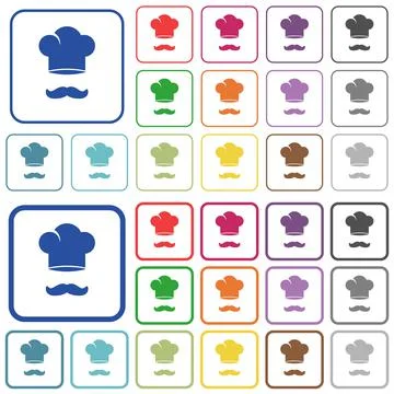 Chef hat and mustache outlined flat color icons Stock Illustration