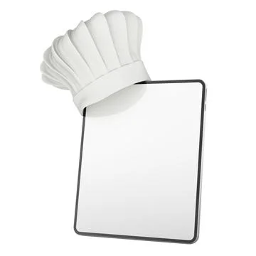 Chef hat on blank tablet screen for cooking app. 3d rendering Stock-Illustration