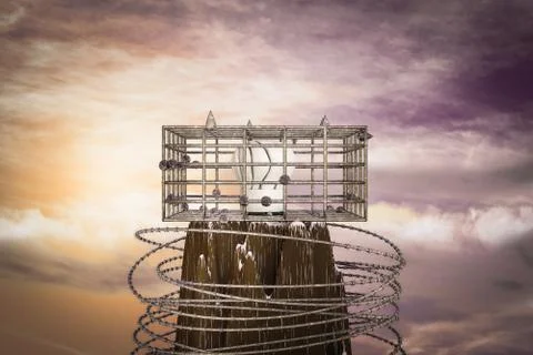 Chef hat in a cage on the top of a mountain at sunset magenta day. Stock Illustration