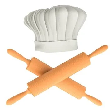 Chef hat with crossed of kitchen rolling pins, 3D rendering Chef hat with ... Stock Photos