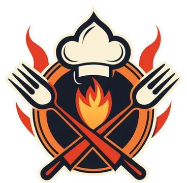 Chef Hat with Crossed Spatulas and Fire Flame BBQ Cooking Logo Stock Illustration