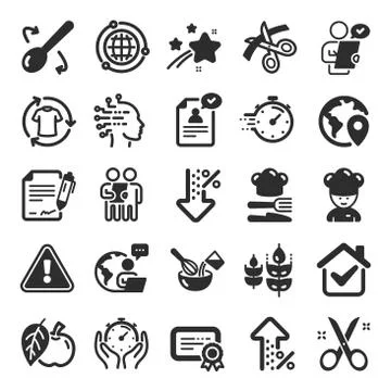 Chef hat, Customer survey, Fast delivery icons. Approved application, Scissors Stock Illustration