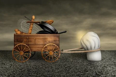 Chef hat dragging a farm cart of utensils set on asphalt in a sunset day. Stock Illustration
