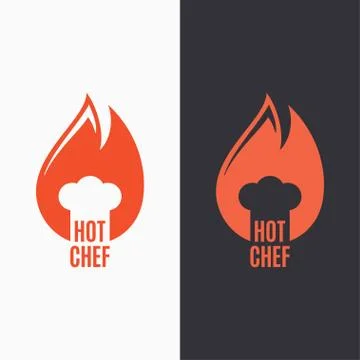 Chef hat in fire flame logo on black and white background Stock Illustration