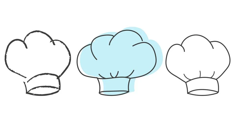 Chef hat icon set, hand drawn vector illustration. Line headdress isolated on Stock Illustration