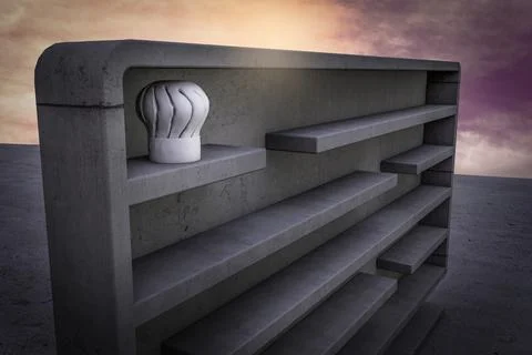 Chef hat inside a maze at sunset magenta sky demonstrating Chef idea is compl Stock Illustration