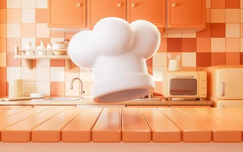 Chef hat in the kitchen room with cartoon style, 3d rendering. Stock Illustration