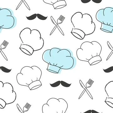 Chef hat, moustache, knife, fork seamless pattern hand drawn vector illustration Stock Illustration