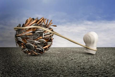 Chef hat pulling a big ball of utensils set on asphalt Stock Illustration