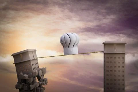 Chef hat on a rope with one skyscraper ready to collapse. Stock Illustration