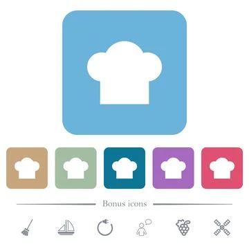 Chef hat solid flat icons on color rounded square backgrounds Stock Illustration