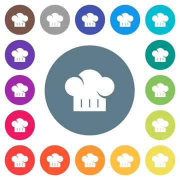 Chef hat solid flat white icons on round color backgrounds Stock Illustration