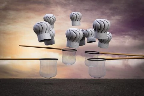 Chef hats falling from sky and the nets try to catch them at sunset magenta d Stock Illustration