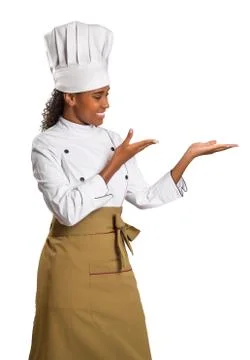 A chef with her empty hands for holding your products Stock Photos