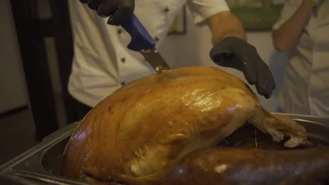 Chef with his hands cuts carcass of raw chicken broiler Stock Footage 148164650