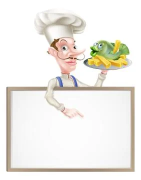 Chef Holding Fish and Chips Pointing at Sign Illustrazione stock