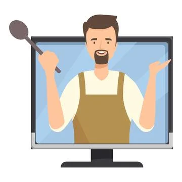 Chef holding wooden spoon explaining recipe on computer screen Stock Illustration