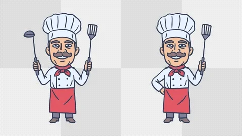 Chef holds ladle and kitchen spatula and smiling. Transparent background Stock Footage 337950009