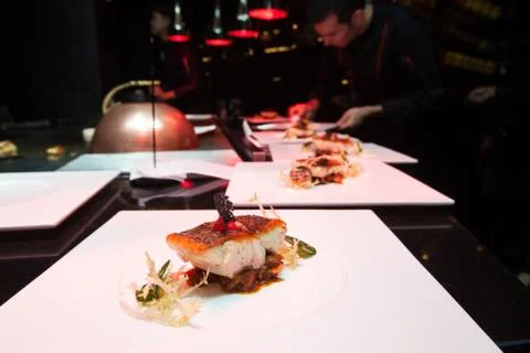 Chef in hotel or restaurant kitchen cooking for dinner Stock-Fotos