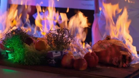Chef igniting meat and poultry at indoor market stall in Warsaw Stock Footage 342029807