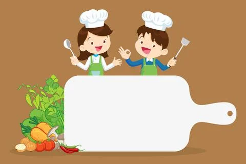 Chef Kids Cooking class design template.Cute little chef cooking meal menu Stock Illustration