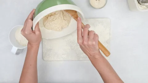Chef kneading dough. Close up baking process, flat lay Stock Footage 145783136