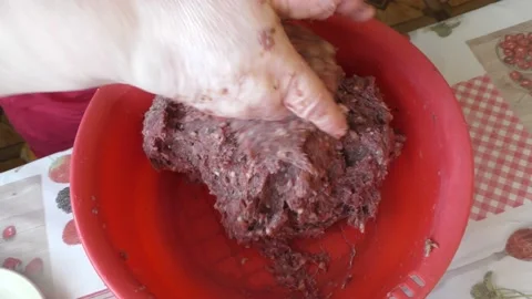 Chef kneading minced meat for cutlets Stock Footage 183413119