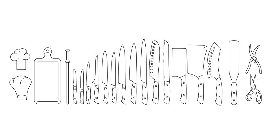 Chef knifes outline set. Editable stroke. Vector stock illustration isolated on Stock Illustration