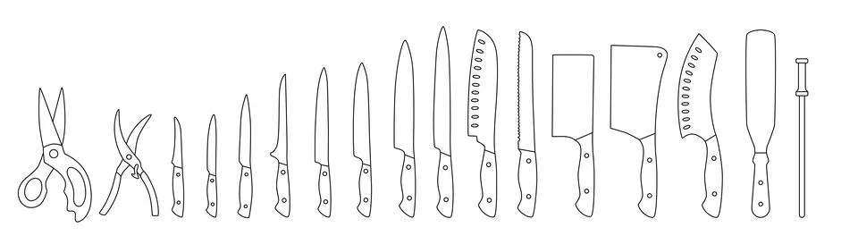 Chef knifes outline set. Editable stroke. Vector stock illustration isolated on Stock Illustration