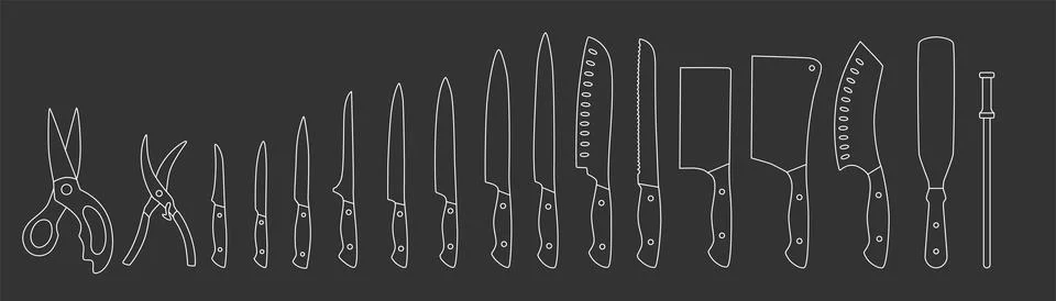 Chef knifes outline set. Editable stroke. Vector stock illustration isolated on Stock Illustration