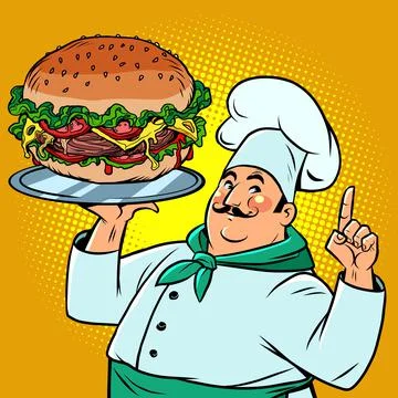 A chef with a large burger on a tray. Fast food and street restaurants 스톡 일러스트