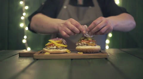Chef makes burger set Stock Footage 62656495