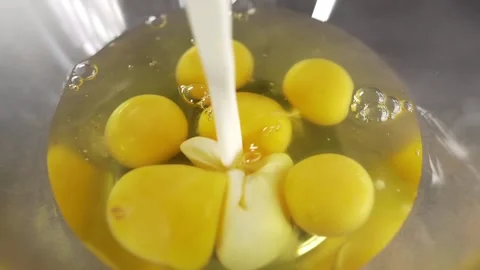 Chef makes omelet raw eggs and cream teasty breakfast Video stock 143778564