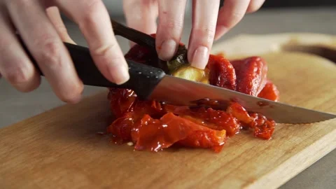 Chef makes salad with greens olive oil and peppers fresh salad Stock Footage 143778772
