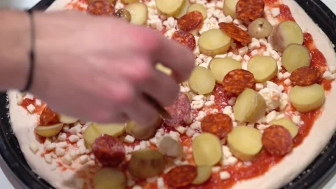 Chef Making Healthy Pizza With Pepperoni, Mushroom, Potato, And Cheese Stock Footage 198256419